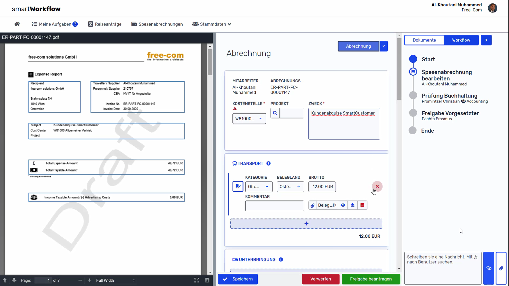 Screenshot aus smartWorkflow:Übersichtliche Gesamtabrechnung mit allen Beträgen und Rechnungen im Anhang